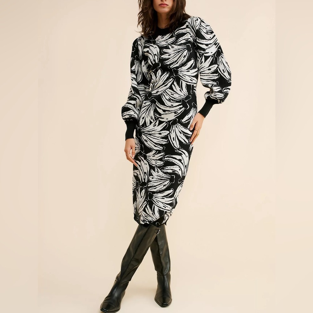 FARM Rio Puff Sleeve Jacquard Banana Knit Sweater Midi Dress, size M - Picture 3 of 13